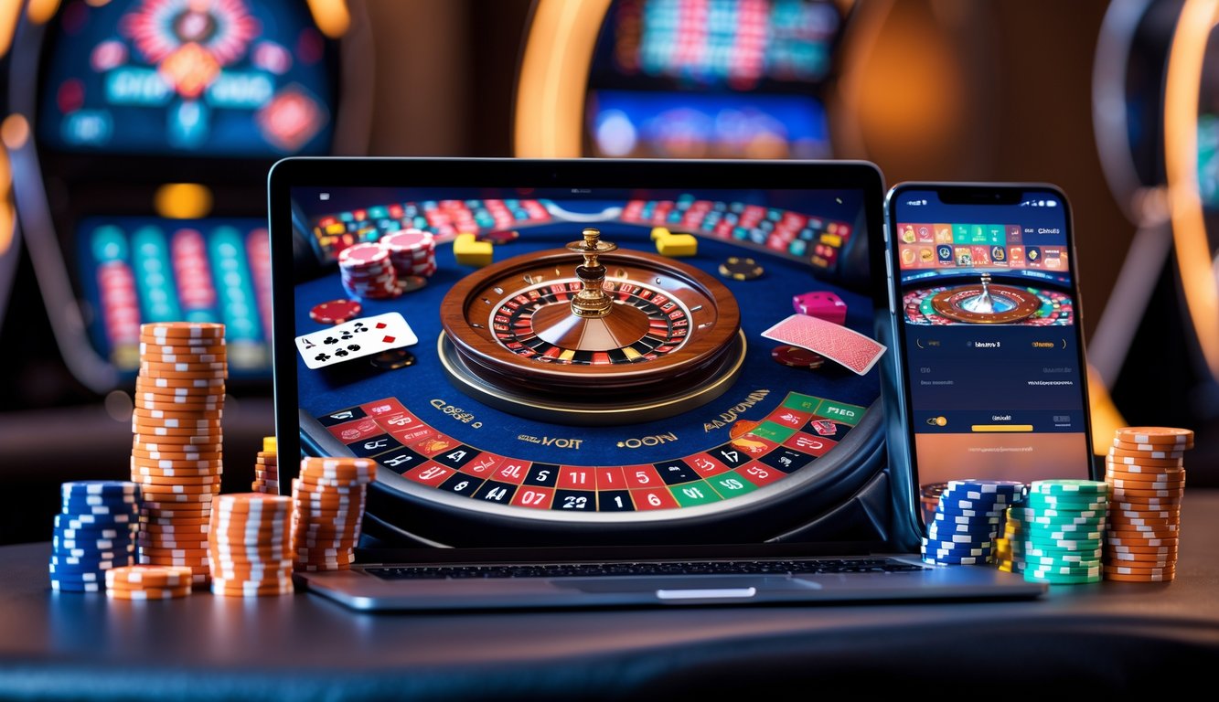 Seorang pemain menggunakan komputer dengan tampilan permainan kasino online dan berbagai alat kasino di sekitarnya.