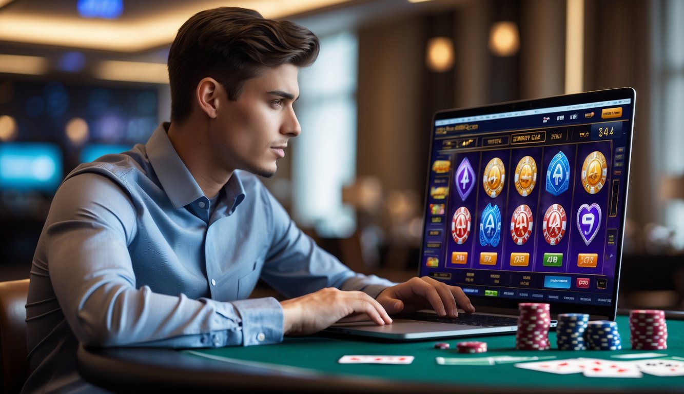 Seorang pria muda duduk di meja kasino dengan laptop yang menampilkan permainan kasino online, dikelilingi oleh chip dan kartu remi.