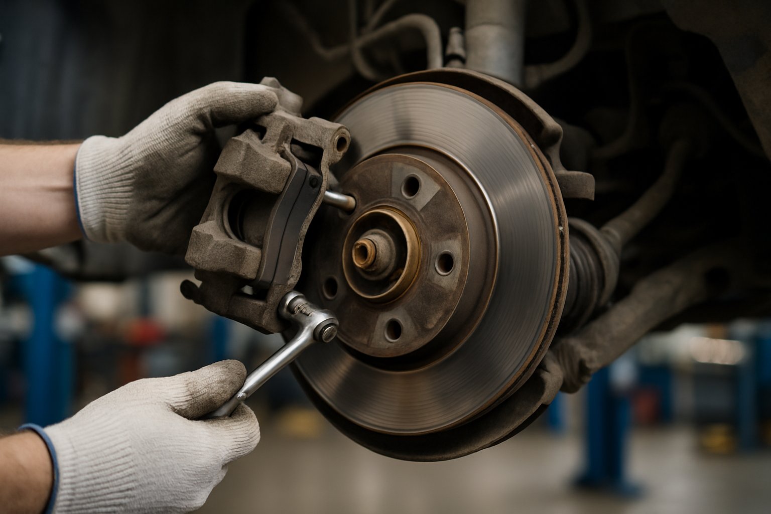Close-up of a mechanic's hands removing a brake caliper from a car wheel in an automotive workshop.