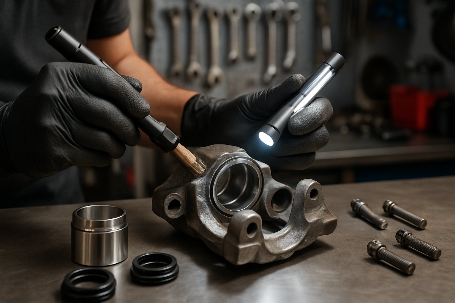 A mechanic's hands cleaning and inspecting brake caliper components on a workbench.
