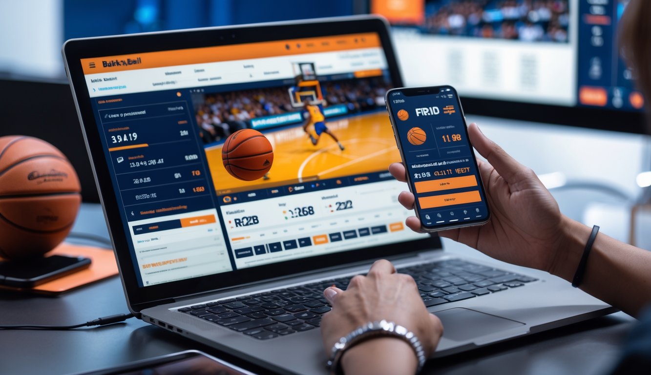 Seseorang menggunakan laptop dan ponsel untuk bertaruh bola basket online di meja kerja dengan bola basket kecil di sampingnya.