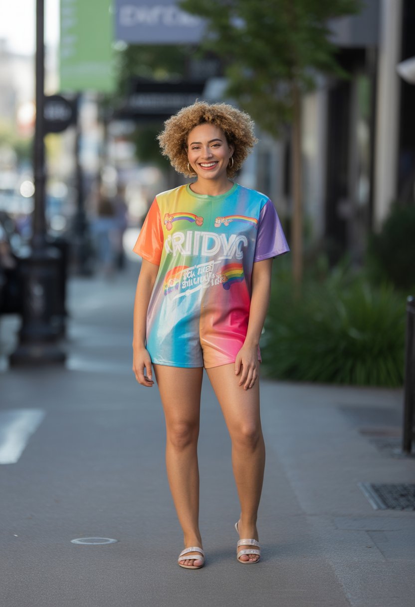 A young woman standing outdoors on a city street, wearing a colorful Pride-themed outfit, shown from head to toe.