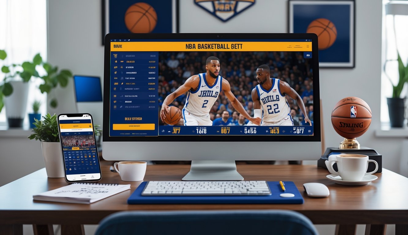 Sebuah meja kerja dengan komputer menampilkan pertandingan NBA, ponsel dengan peluang taruhan, dan dekorasi bertema bola basket.