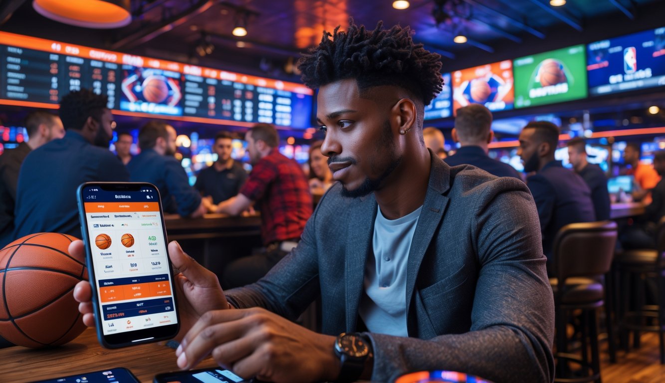 Orang-orang di tempat taruhan olahraga sedang memasang taruhan bola basket menggunakan ponsel dan layar yang menampilkan pertandingan bola basket.