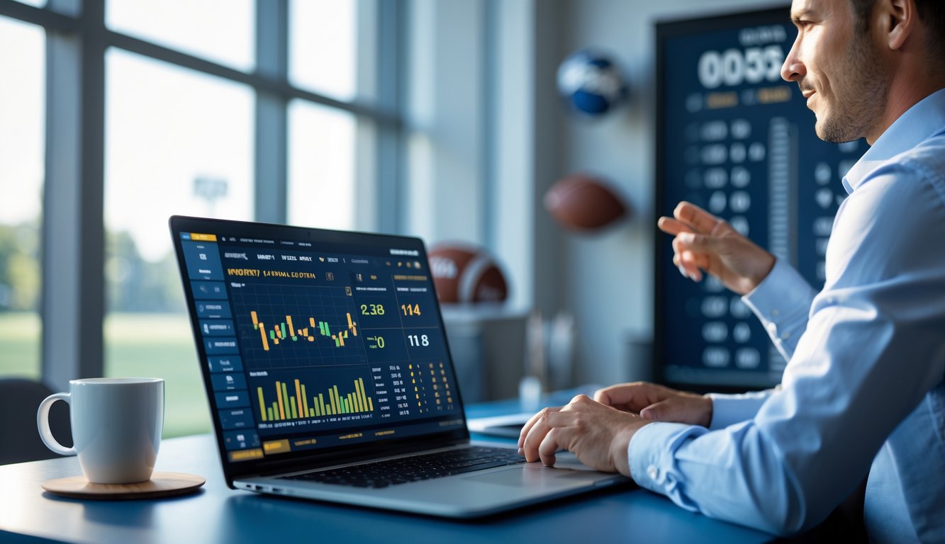 Seorang profesional sedang menganalisis data taruhan di depan laptop di ruang kerja yang rapi dan terang.