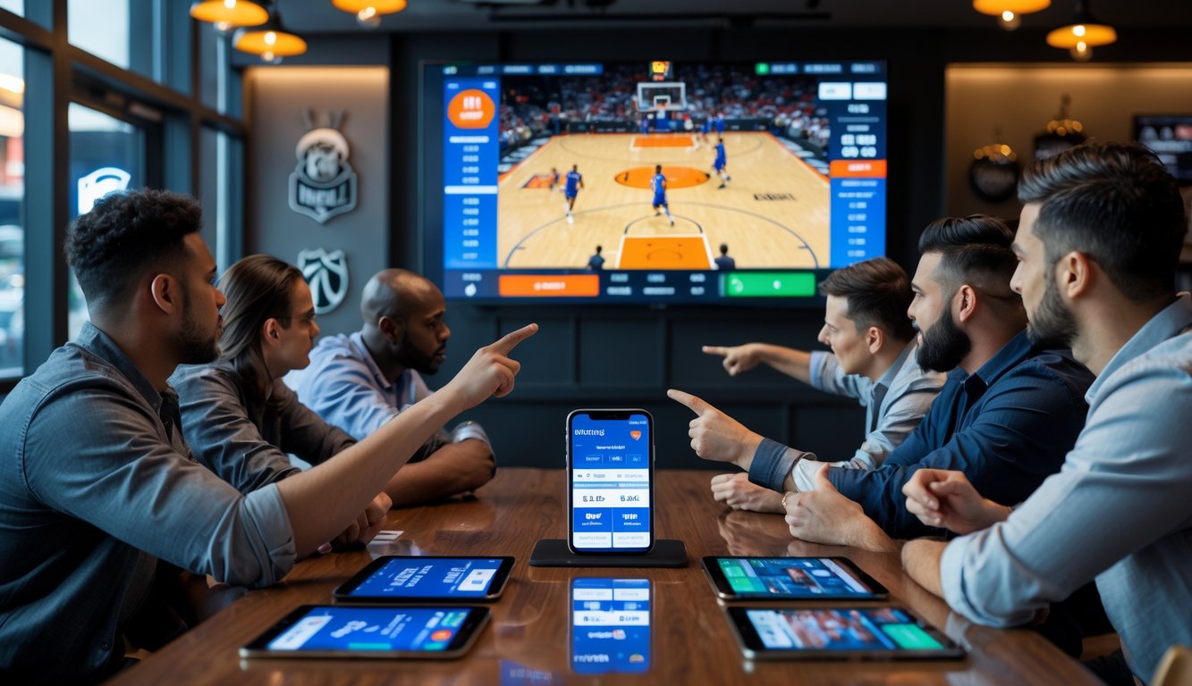 Beberapa orang menonton pertandingan basket secara langsung sambil menggunakan perangkat untuk memasang taruhan.