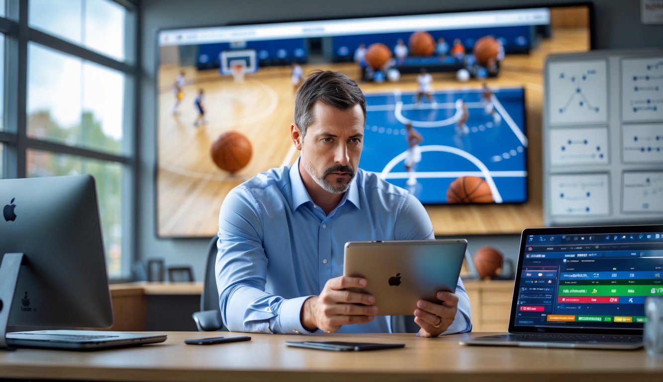 Seorang pelatih basket pria sedang menganalisis strategi permainan di kantor olahraga modern.