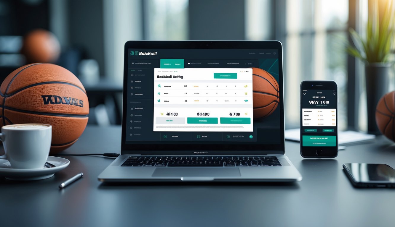 Sebuah meja kerja modern dengan laptop yang menampilkan situs taruhan basket, bola basket di latar belakang, dan ponsel di sampingnya.