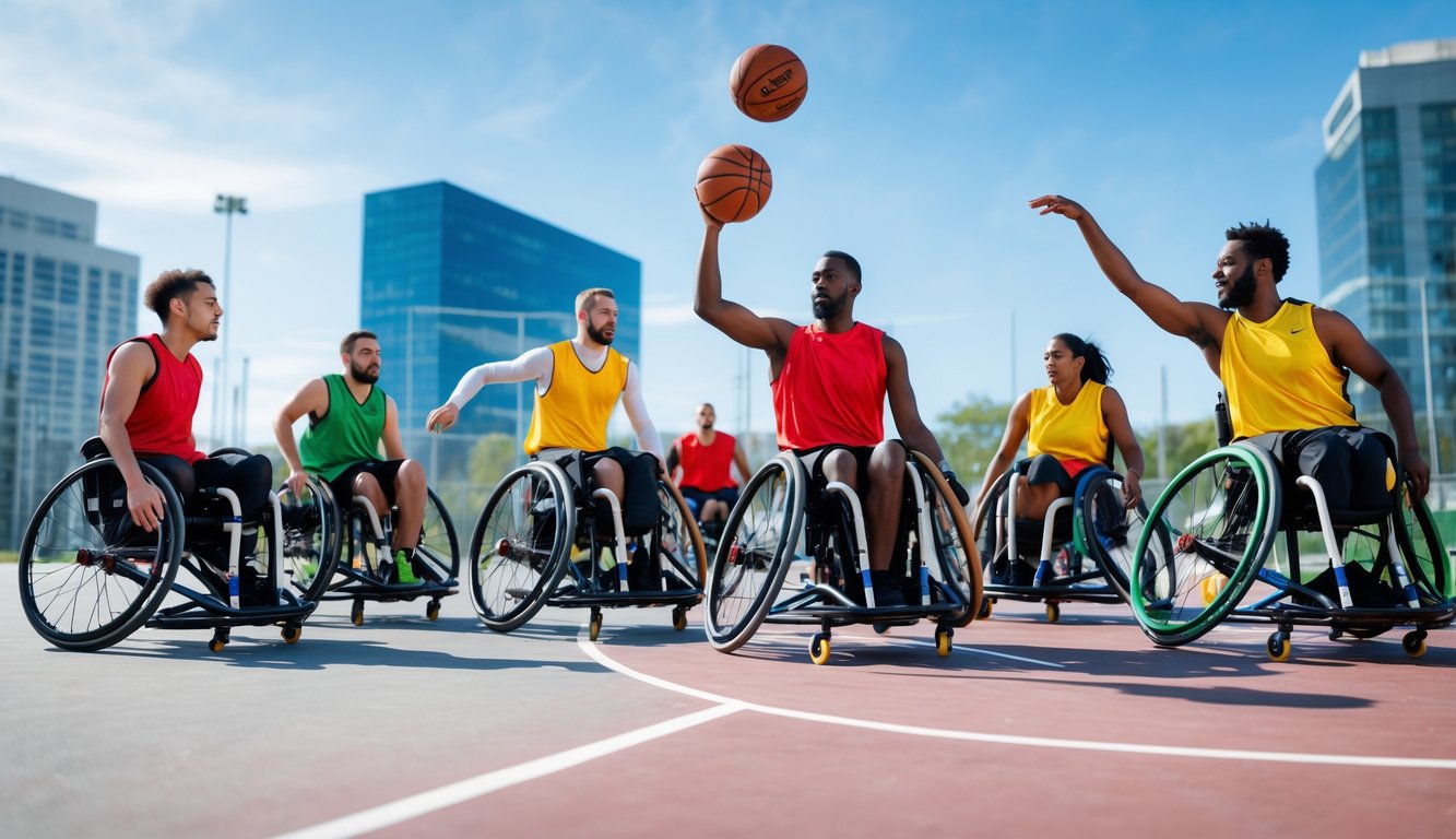 Sekelompok orang bermain bola basket menggunakan kursi roda di lapangan luar ruangan.