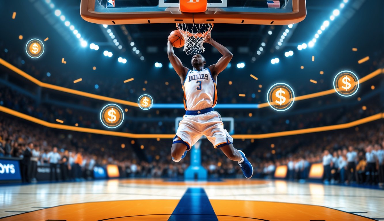 Seorang pemain basket melompat untuk melakukan slam dunk di lapangan dalam ruangan dengan latar belakang penonton dan ikon digital transparan yang melambangkan taruhan dan bonus.