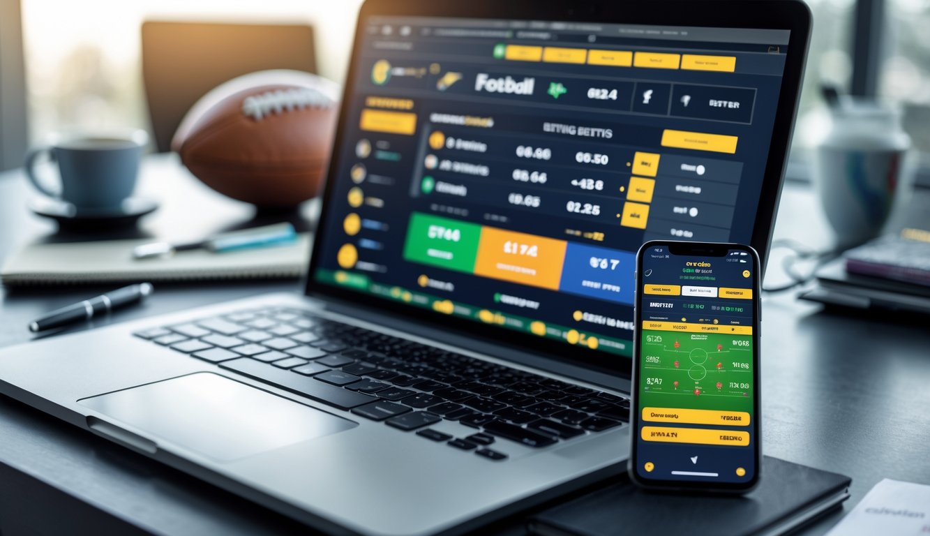 Seorang pria menggunakan laptop dan ponsel untuk taruhan sepak bola online di meja kerja dengan bola sepak dan kopi di sampingnya.