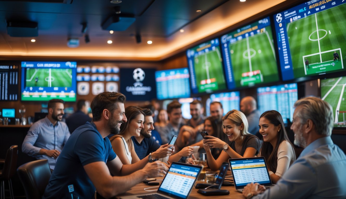 Sekelompok orang di bar olahraga menonton pertandingan Liga Champions sambil memasang taruhan menggunakan ponsel dan laptop.
