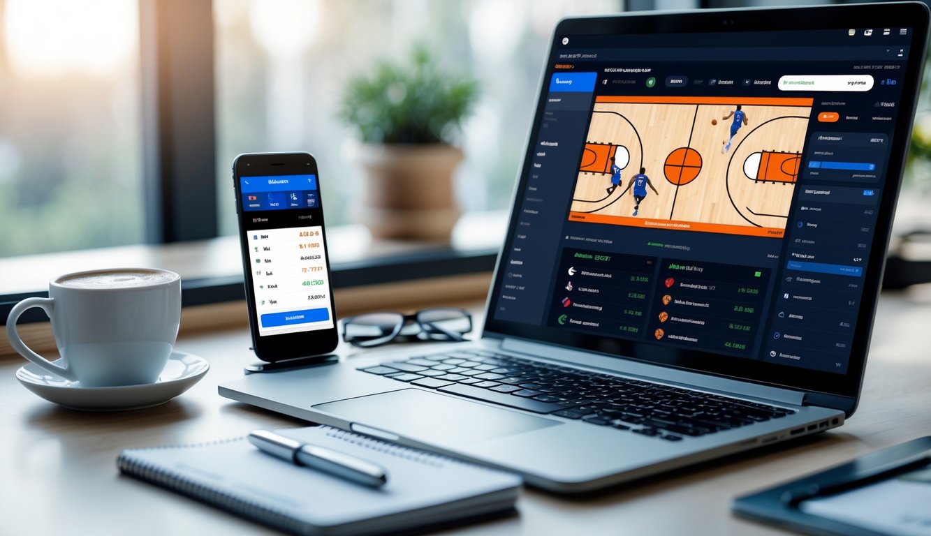 Seorang pria menggunakan laptop dan ponsel untuk taruhan NBA online di meja kerja dengan kopi dan alat tulis.