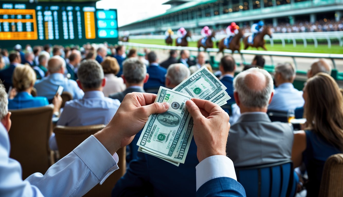 Orang-orang sedang bertaruh pada balapan kuda di arena pacuan kuda yang ramai.
