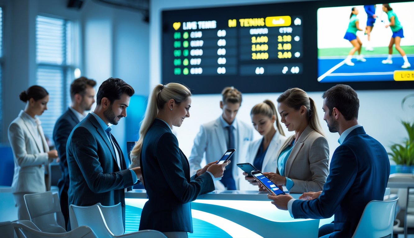 Sejumlah orang menggunakan perangkat elektronik untuk memasang taruhan pada pertandingan tenis yang sedang berlangsung di layar besar.