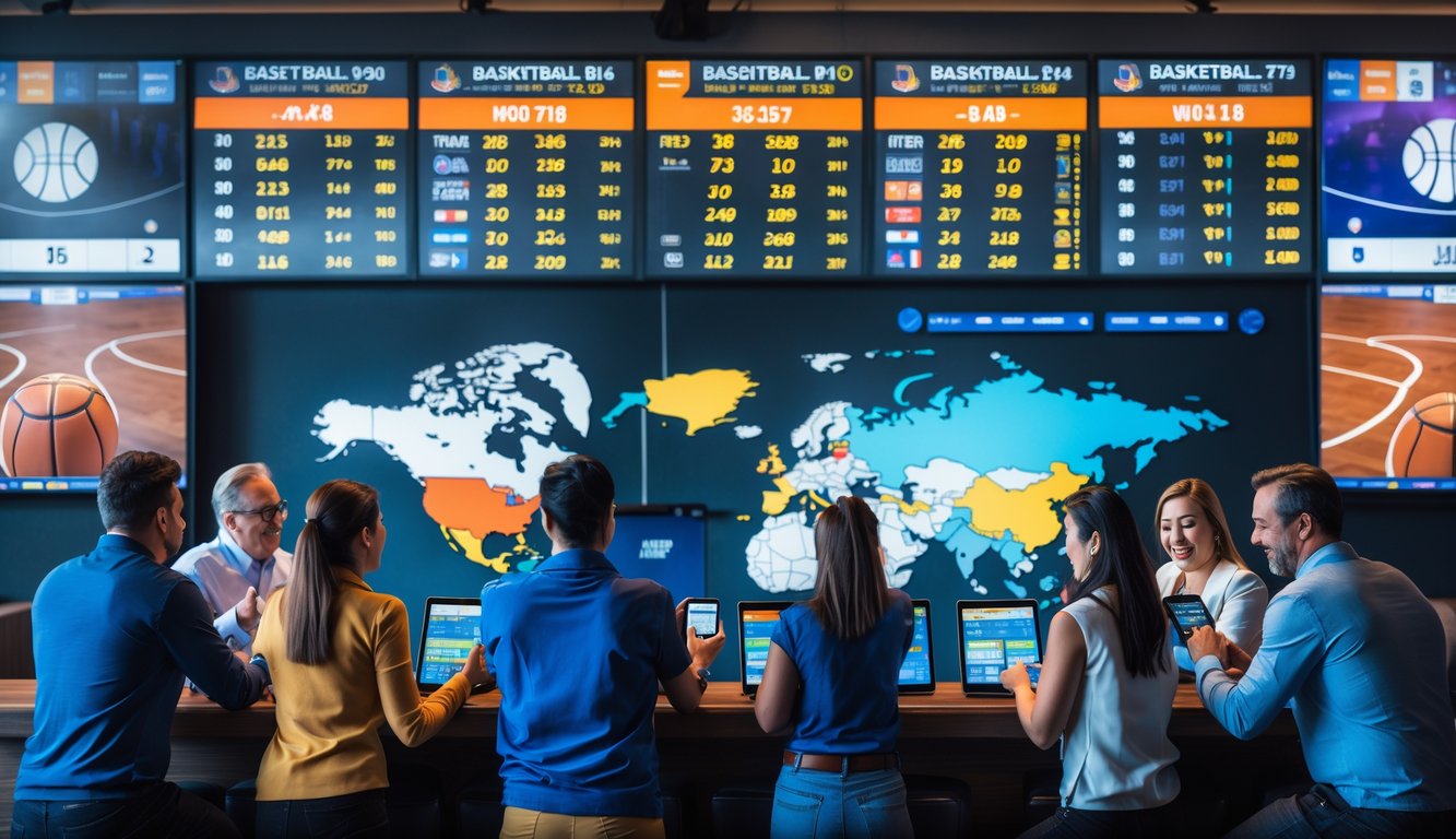 Sekelompok orang sedang memasang taruhan bola basket internasional di sebuah tempat modern dengan layar besar menampilkan pertandingan bola basket.