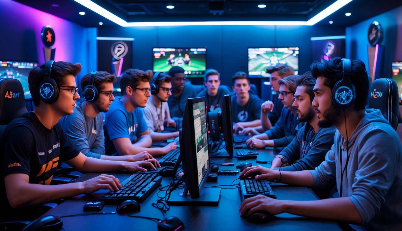 Sekelompok orang muda sedang bermain dan bertaruh pada pertandingan esports di ruang gaming modern dengan monitor dan perangkat game.