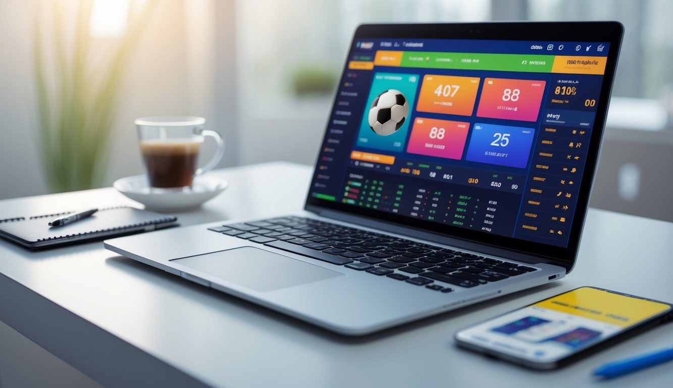 Seorang pengguna menggunakan laptop dengan tampilan situs taruhan bola online di meja kerja yang rapi di dalam ruangan.