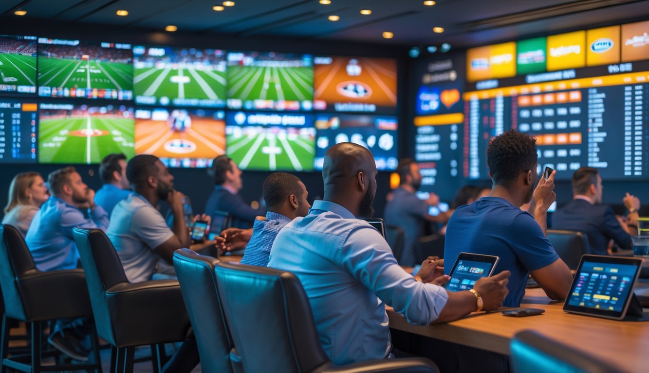 Sekelompok orang menonton pertandingan olahraga langsung dan memasang taruhan di sebuah ruang taruhan olahraga modern.