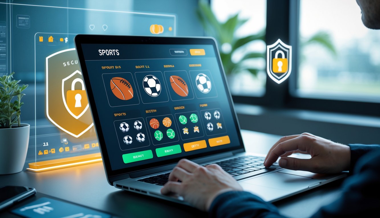 Seorang pengguna sedang menggunakan laptop di meja kerja dengan tampilan situs taruhan olahraga yang aman dan terpercaya, dengan ikon olahraga dan simbol keamanan di latar belakang.