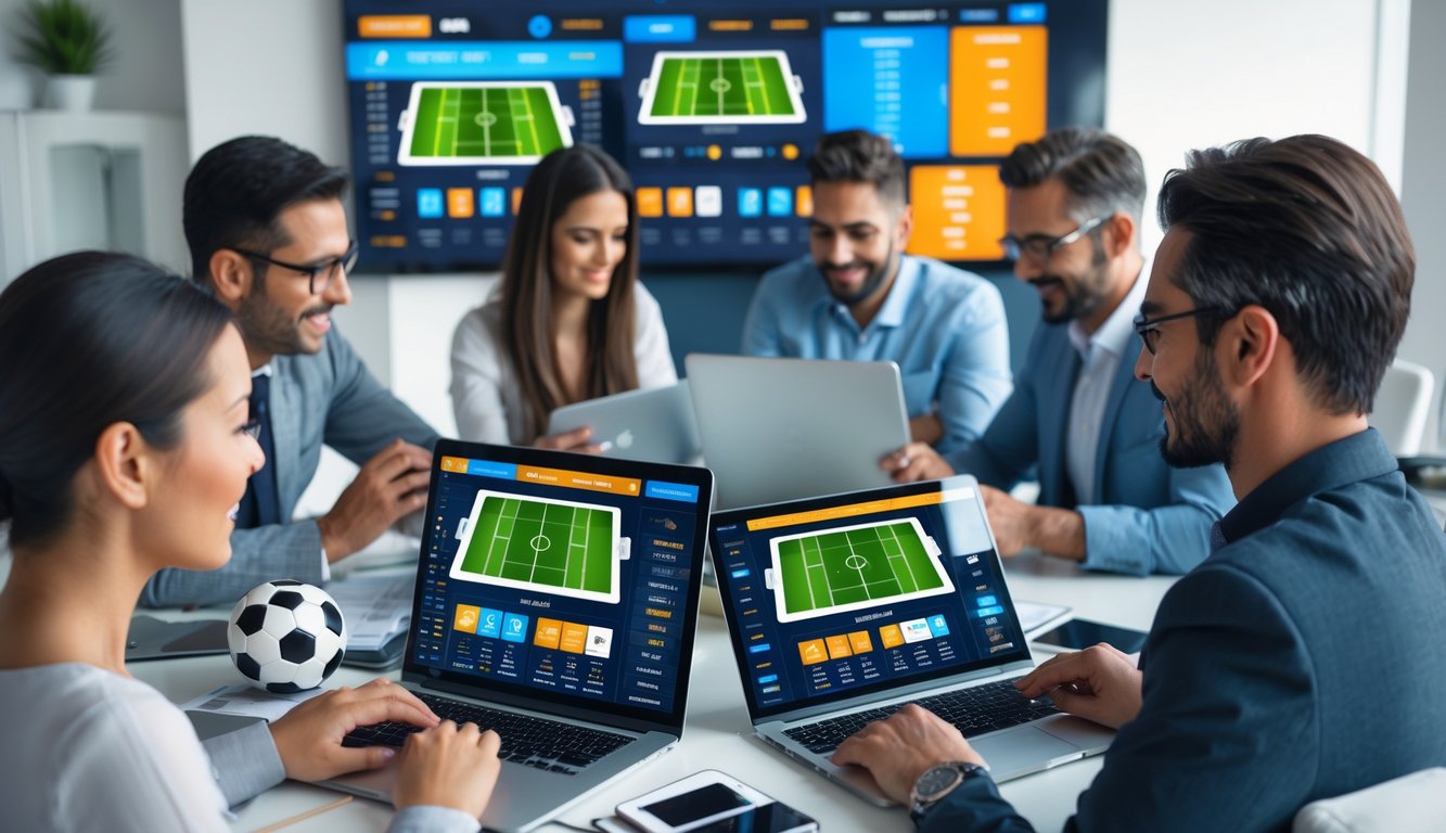 Beberapa orang menggunakan perangkat digital untuk taruhan bola dalam suasana ruangan modern dan profesional.
