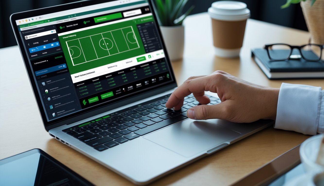 Seseorang menggunakan laptop dan ponsel untuk memasang taruhan olahraga online di sebuah meja kerja.