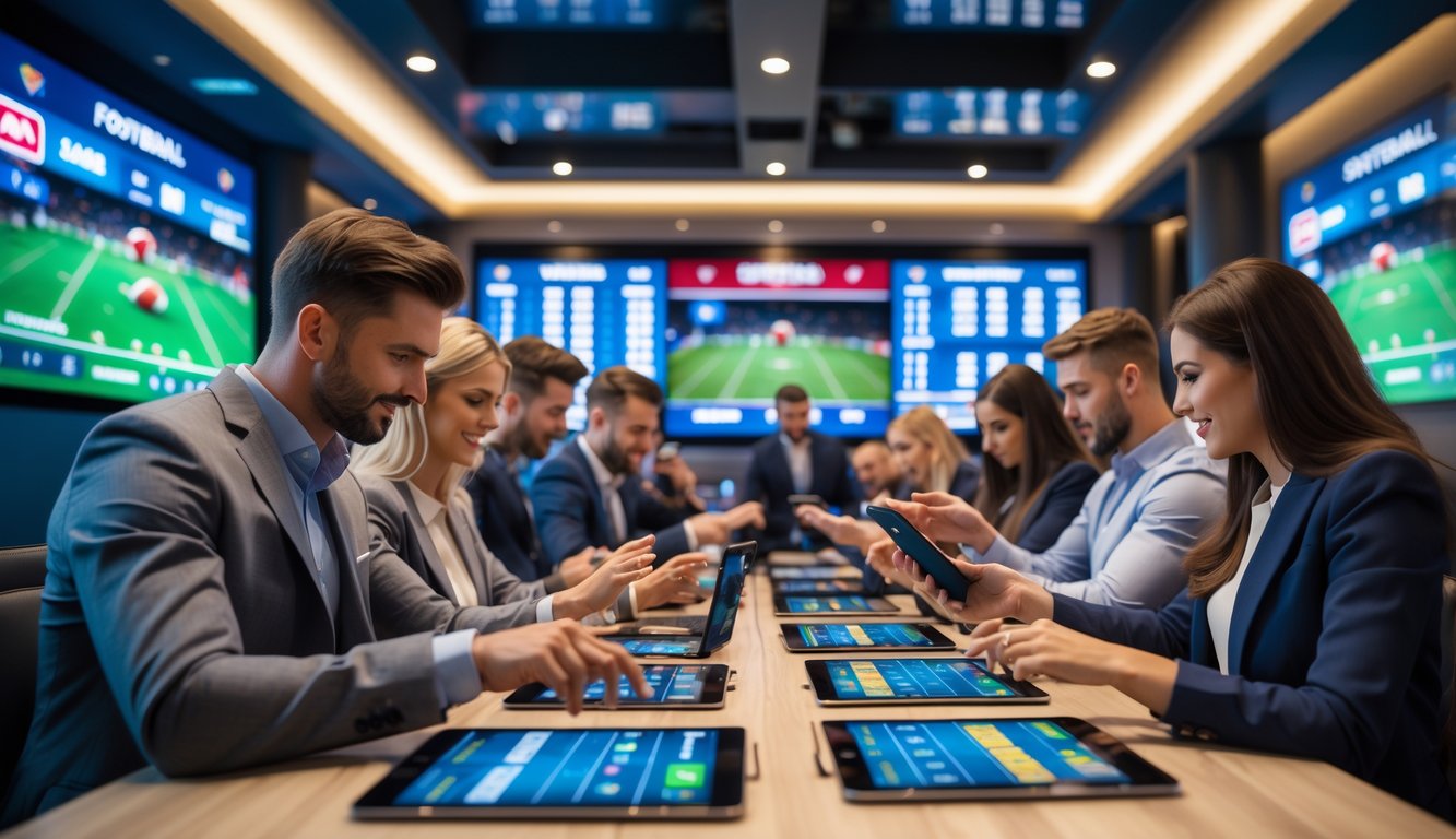 Orang-orang menggunakan perangkat digital untuk memasang taruhan pada pertandingan sepak bola di ruangan modern dengan layar besar yang menampilkan pertandingan sepak bola langsung.