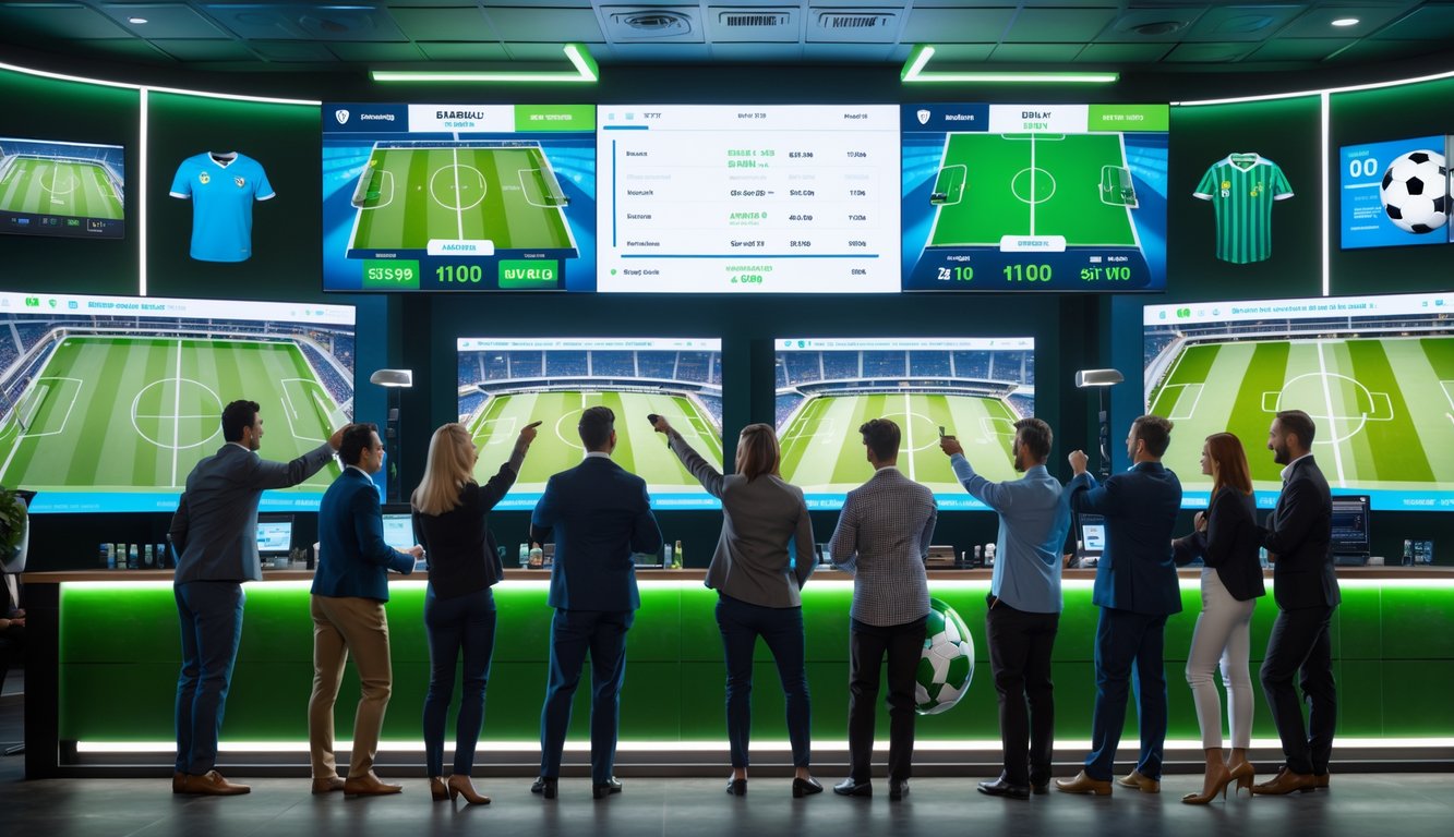 Sekelompok orang dewasa sedang menonton pertandingan sepak bola di layar besar dan menggunakan perangkat untuk bertaruh dalam suasana bar olahraga yang modern.