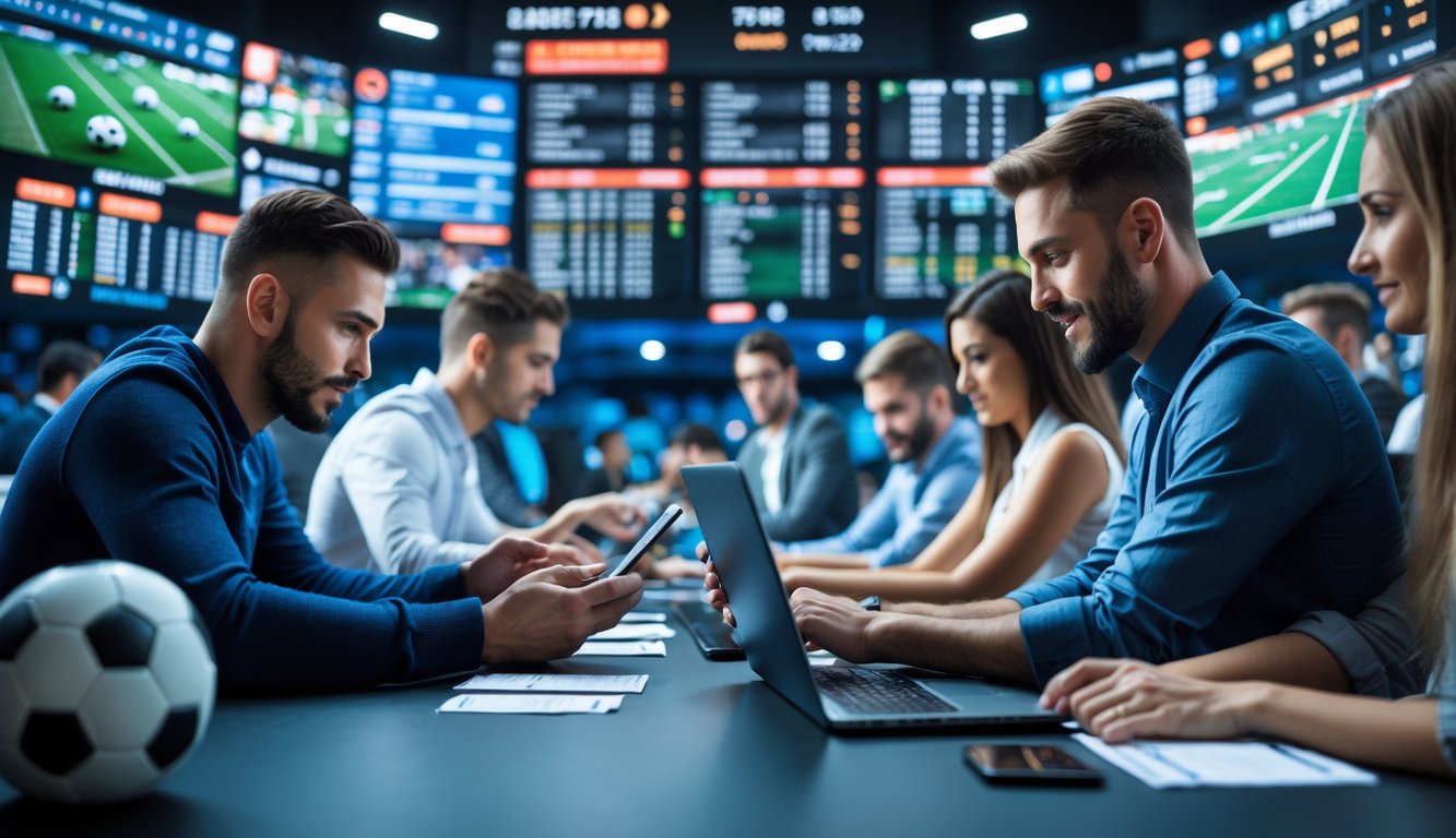 Orang-orang sedang melihat dan memasang taruhan pada berbagai pertandingan sepak bola di layar digital.