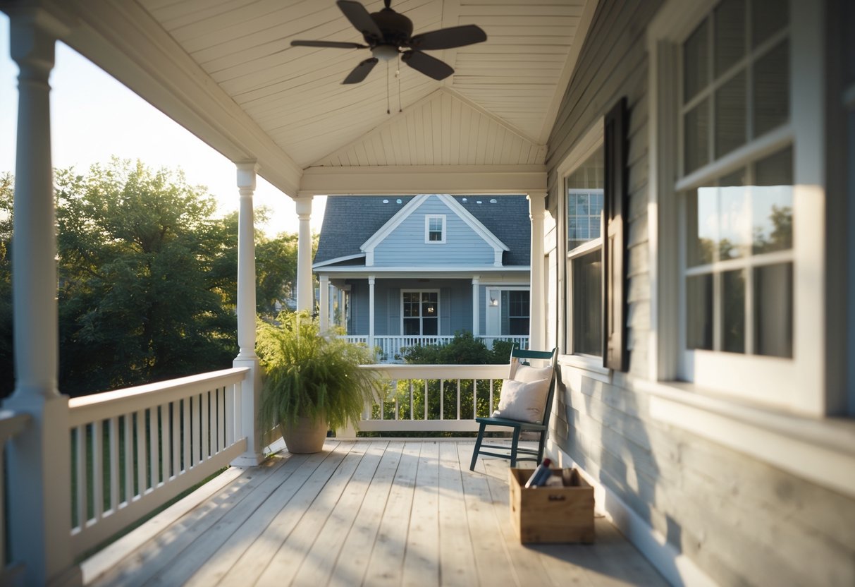 A wooden porch with various roof styles, showing hands holding a paintbrush, a toolbox, and a coffee mug, all under soft daylight with natural shadows.