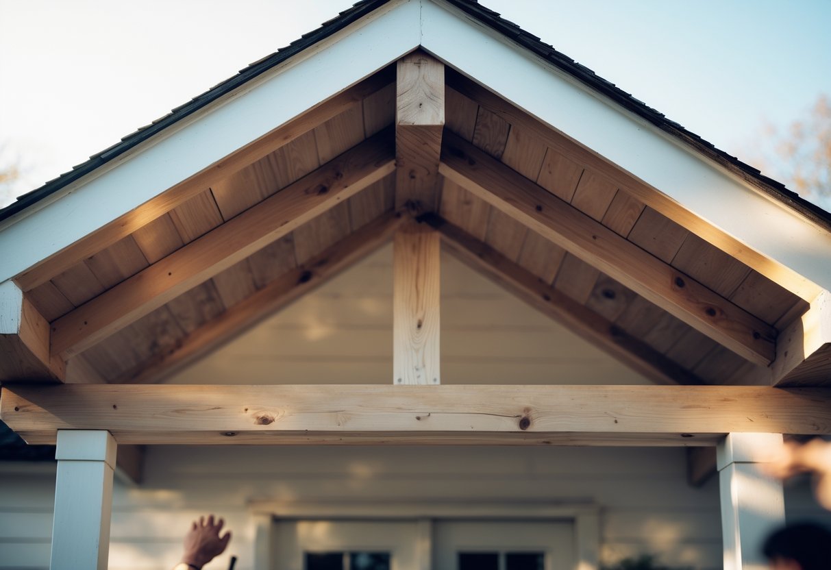 A classic gable porch roof with wooden beams, showing tools and hands in use under soft daylight.