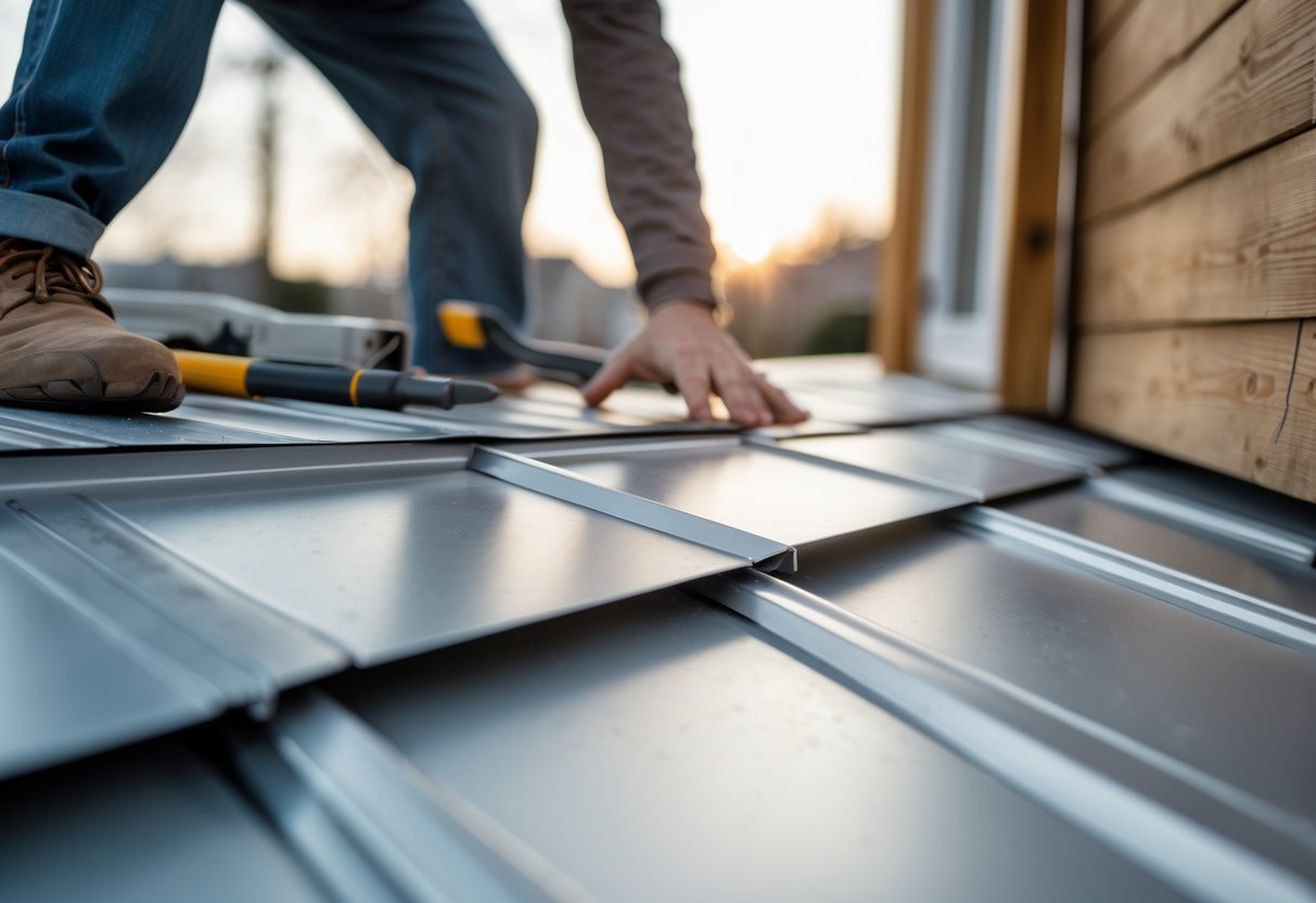 A modern porch with a flat roof covered in sleek metal panels, showing tools and hands working casually under soft daylight.