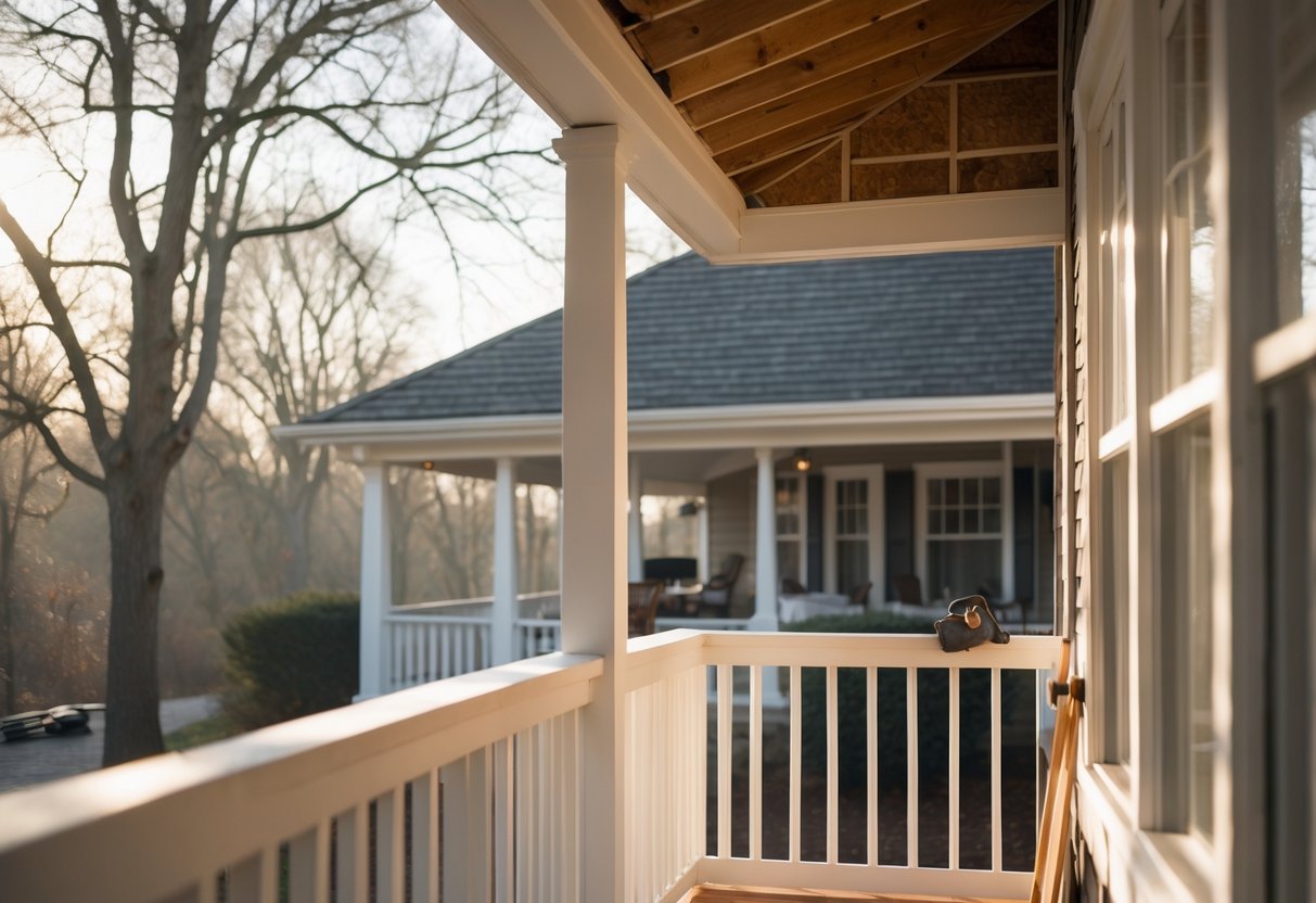 A hip roof porch with wooden shingles, showing tools and hands resting casually on the railing in soft daylight.