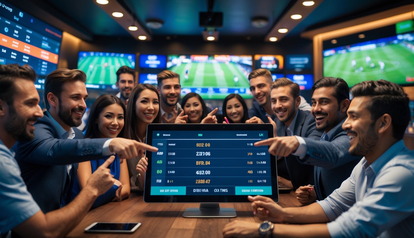 Orang-orang sedang memasang taruhan langsung pada pertandingan sepak bola menggunakan perangkat digital di sebuah ruang taruhan modern.