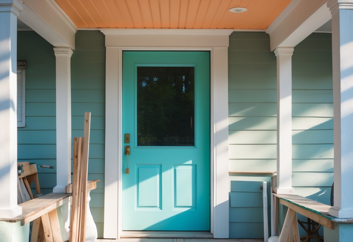A porch with colored ceiling panels matching the front door, showing natural daylight and casual objects like tools and hands nearby.