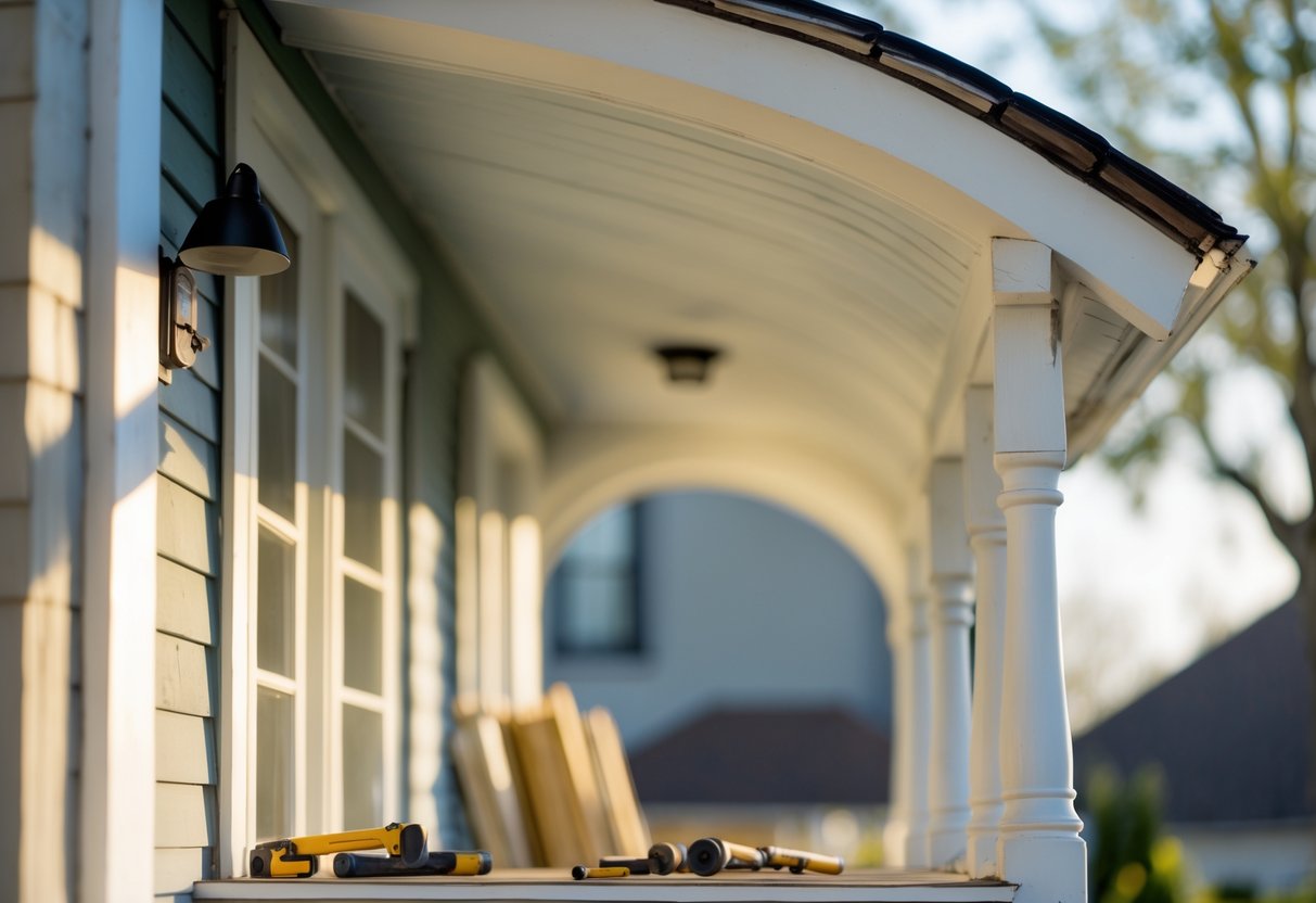 A close-up view of an arched porch roof with elegant curves, showing tools and hands working nearby under soft daylight.
