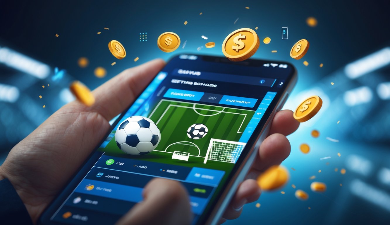 Layar perangkat digital yang menampilkan antarmuka taruhan bola dengan simbol sepak bola dan ikon transaksi keuangan.