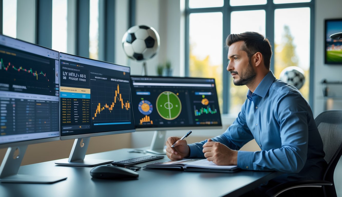 Seorang analis olahraga sedang memeriksa data prediksi sepak bola di meja kerja dengan beberapa layar komputer dan perlengkapan kantor di ruangan yang terang.