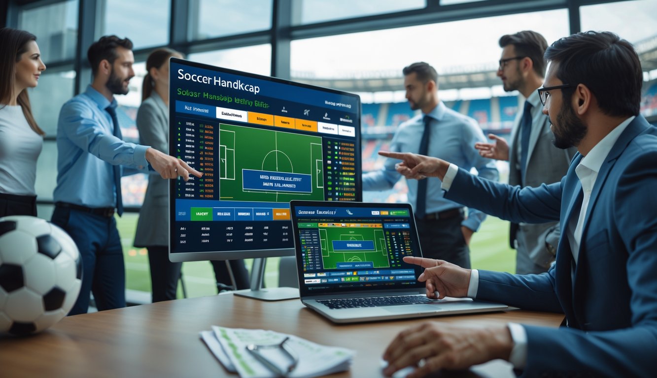 Sekelompok orang sedang melihat layar besar dengan statistik dan peluang taruhan sepak bola, di ruangan modern dengan alat elektronik dan bola sepak di atas meja.
