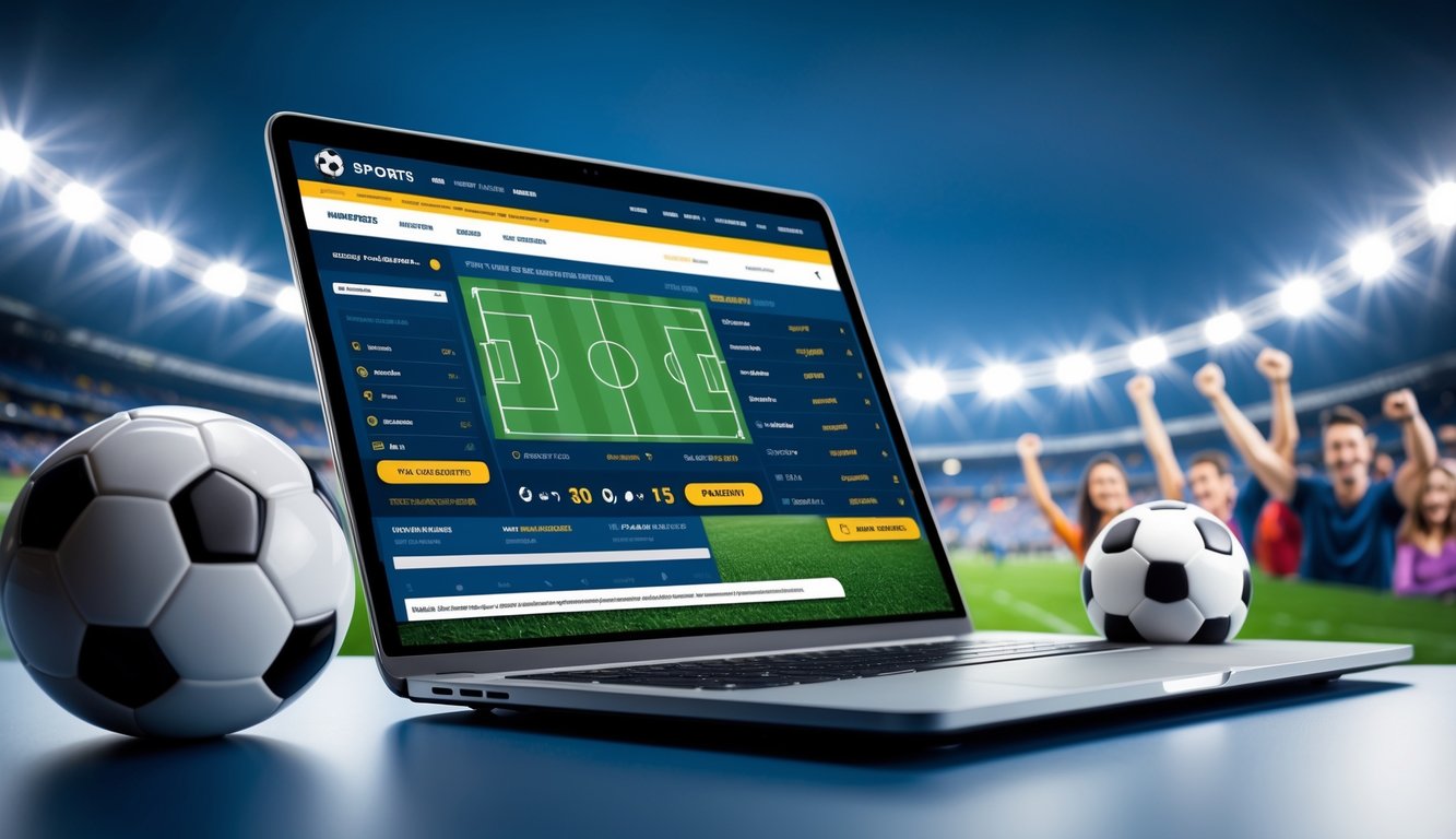 Seorang pria menggunakan laptop dengan tampilan situs taruhan bola, di latar belakang stadion sepak bola dan penggemar yang bersorak.