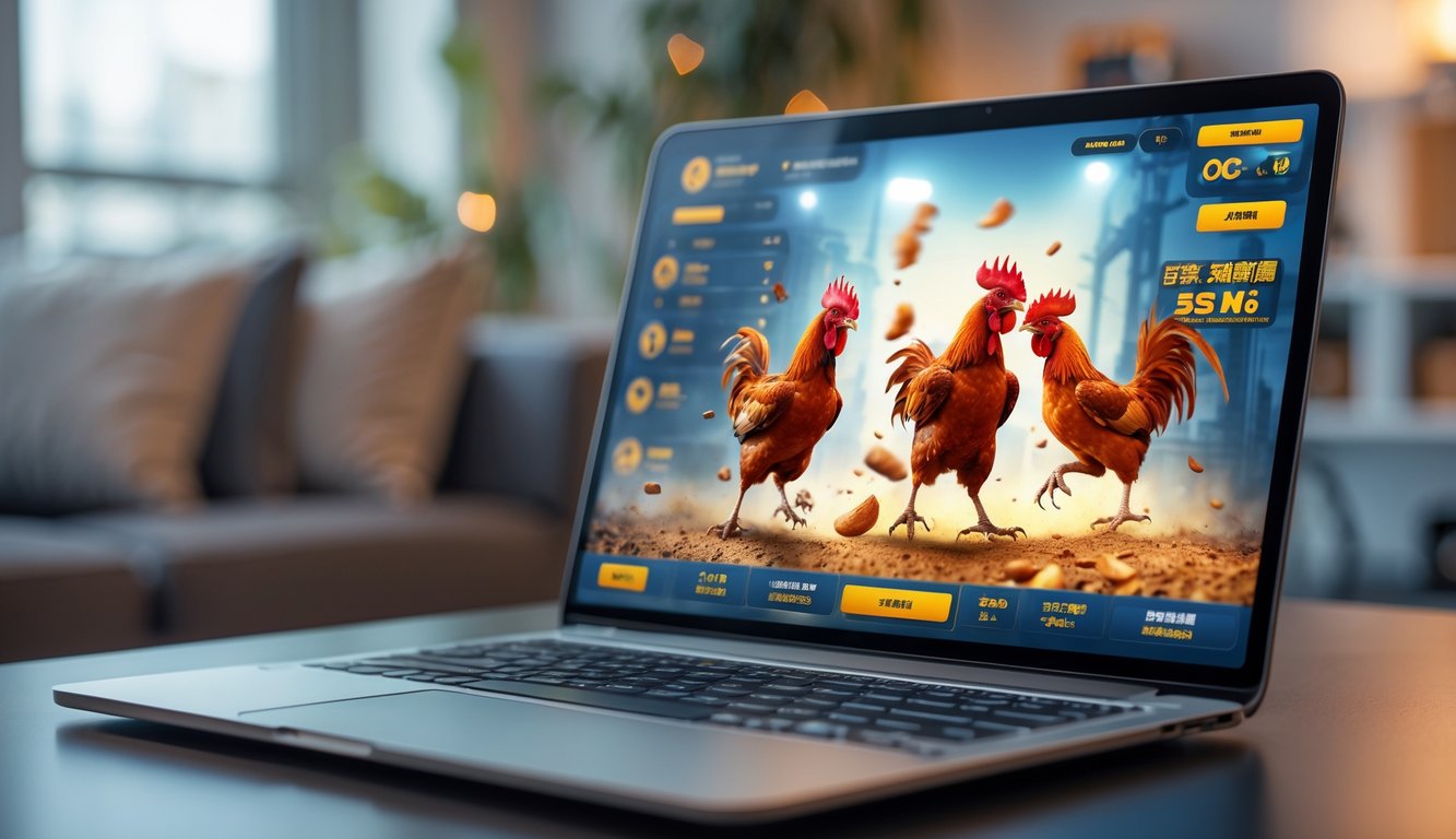 Seseorang menggunakan laptop atau ponsel untuk menonton atau bertaruh sabung ayam secara online di lingkungan rumah atau kantor.