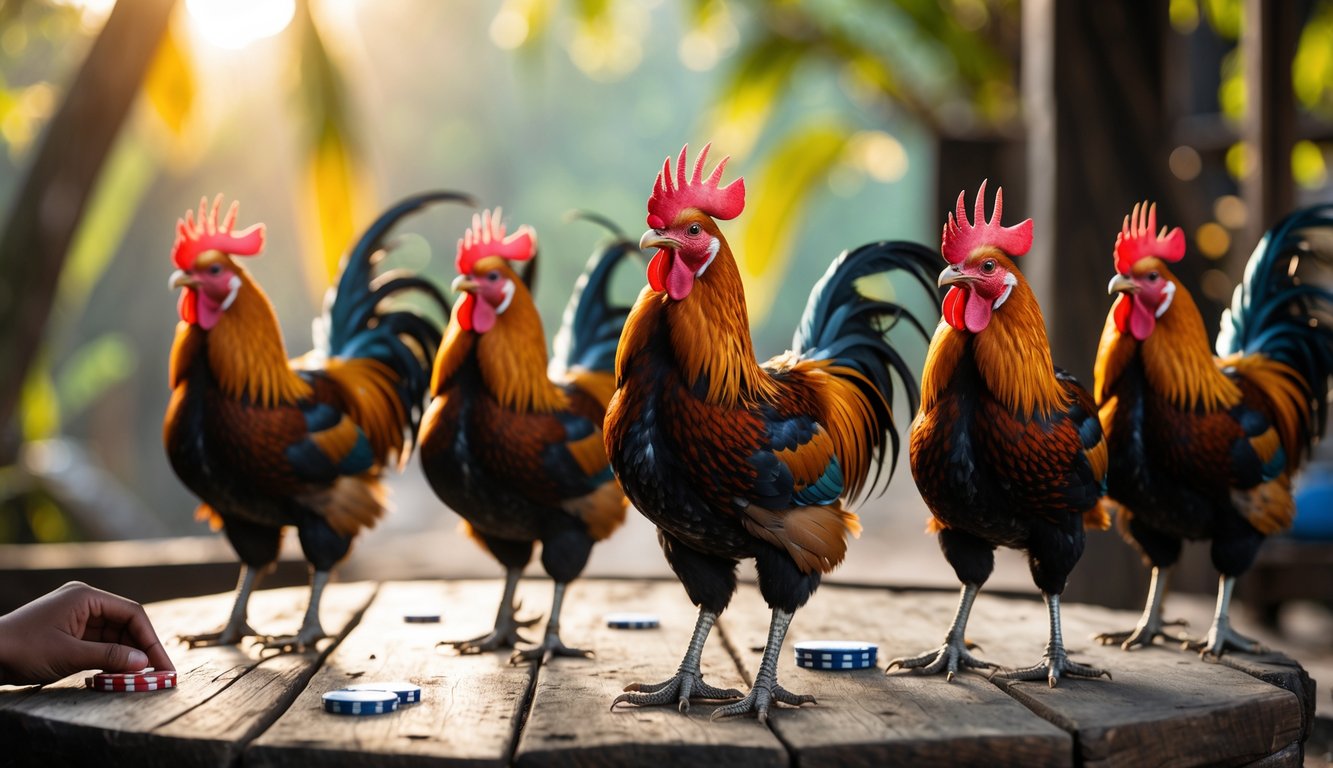 Beberapa ayam bangkok berdiri di atas meja kayu dengan suasana taruhan di latar belakang.