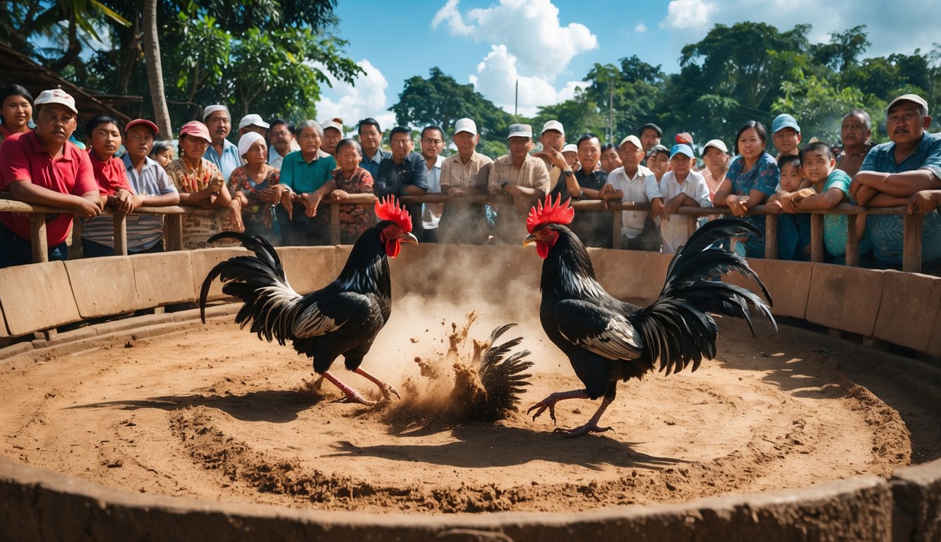 Dua ayam jago sedang bertarung di arena terbuka dengan penonton mengelilingi mereka di luar ruangan.