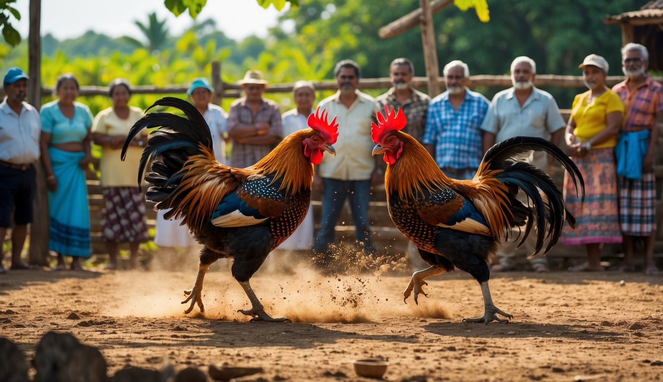 Dua ayam jago sedang bertarung di luar ruangan dengan penonton mengelilingi mereka di latar belakang.