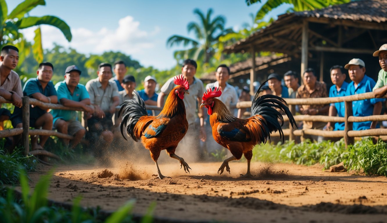 Dua ayam aduan sedang bertarung di arena tanah dengan beberapa orang menonton di sekitarnya di lingkungan pedesaan.