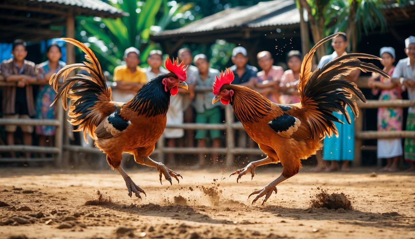 Dua ayam jago sedang bertarung di arena terbuka dengan penonton yang memperhatikan di sekitarnya.