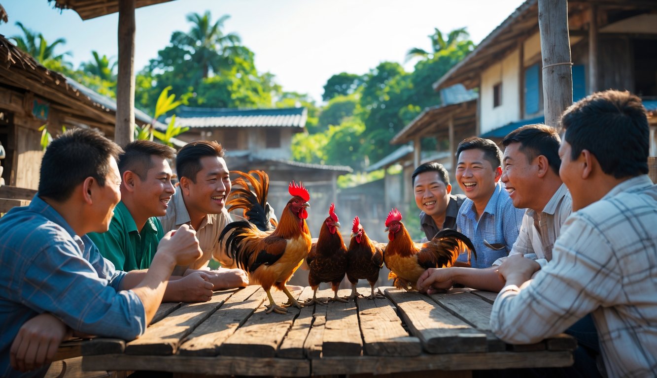 Sekelompok pria sedang mengamati pertarungan ayam jago di arena kecil di luar ruangan dengan latar belakang pepohonan dan rumah tradisional.