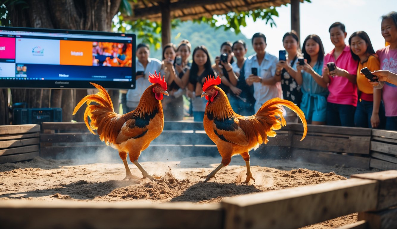 Dua ayam jantan sedang bertarung di arena kayu dengan penonton yang menonton dan peralatan streaming di latar belakang.