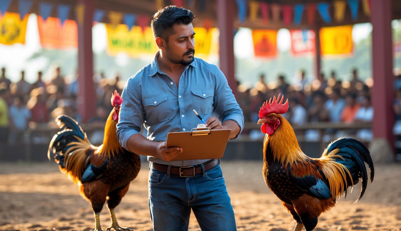 Seorang pria memegang clipboard sedang mengamati dua ayam jago di arena sabung ayam dengan kerumunan penonton di latar belakang.