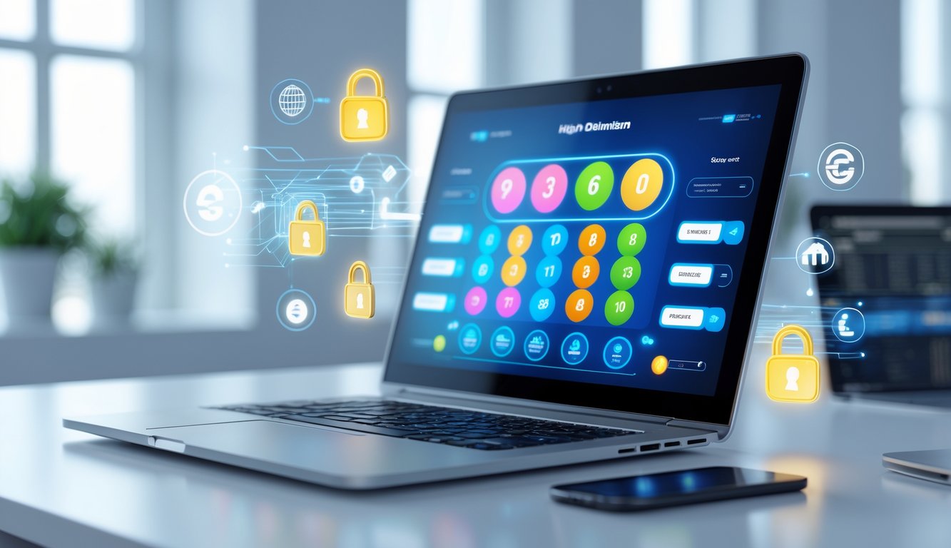Sebuah laptop di atas meja dengan tampilan antarmuka lotere online dan elemen keamanan digital di latar belakang kantor yang terang dan rapi.